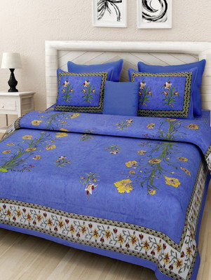 E ELMA Cotton Double Flat 120 TC Printed Bedsheet(Pack of 1, Blue)