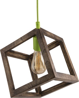 Homesake Modern Antique Wooden Pendant Cube Light, with Green Silicon Holder, Restaurant Dining Kitchen Hanging Light with Fixture, LED/Filament Pendants Ceiling Lamp(Brown)