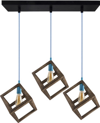Homesake 3-Lights Linear Cluster Chandelier Modern Nordic Walnut Finish Wooden Pendant Cube Light with Blue Silicone Holder Pendant Light, Kitchen Area and Dining Room Light, LED/Filament Light Pendant Lamp Ceiling Lamp(Black)