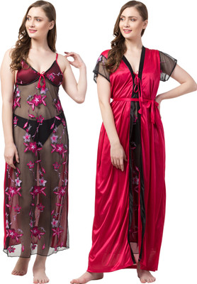 Rangmor Women Nighty with Robe(Pink, Black)