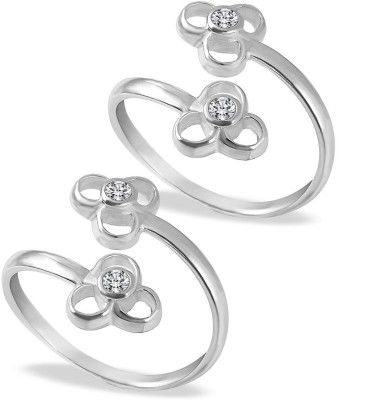 MJ 925 Floral Design Embellished Top Openable Hallmark Pure 92.5 Sterling Silver Cubic Zirconia Silver Plated Toe Ring