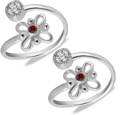 MJ 925 Floral Design Embellished Top Openable Hallmark Pure 92.5 Sterling Silver Cubic Zirconia Silver Plated Toe Ring