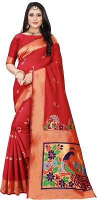 Om Shantam sarees Self Design Banarasi Silk Blend Saree(Red)