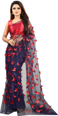 3Buddy Fashion Embellished Bollywood Net, Satin Saree(Dark Blue, Red)