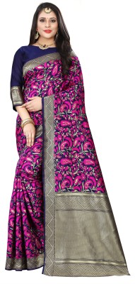 Om Shantam sarees Woven Banarasi Silk Blend, Jacquard Saree(Dark Blue, Pink)