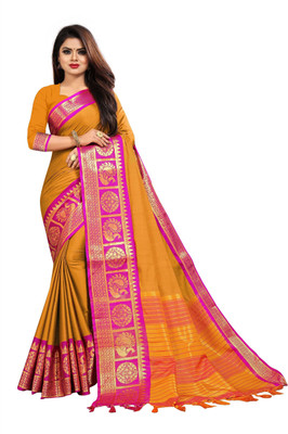FluteFashion Self Design Bollywood Cotton Silk Saree(Mustard)