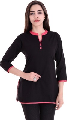 Blezza Casual 3/4 Sleeve Solid Women Black Top