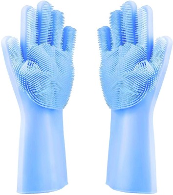 TABARET Reusable Silicone Dishwashing Gloves, Pair of Rubber Scrubbing Gloves for Dishes, Wash Cleaning Gloves with Sponge Scrubbers for Kitchen, Bathroom and Car Wet and Dry Glove Set(Free Size Pack of 2)