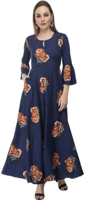 Anuna Women Fit and Flare Dark Blue Maxi/Full Length Dress
