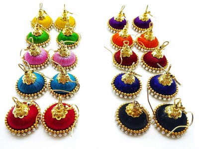 GOELX Multicolour Pearl Embellished Silk Thread Jhumki Combo for Women (Pack of 10 Pairs) Pearl Fabric Jhumki Earring