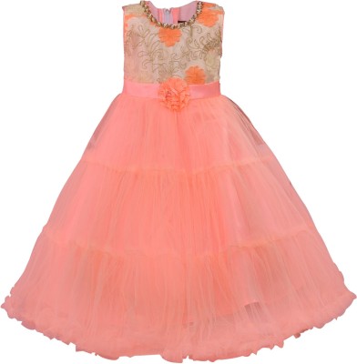 Wishkaro Girls Maxi/Full Length Party Dress(Orange, Sleeveless)