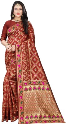 Om Shantam sarees Self Design, Checkered Banarasi Silk Blend Saree(Red)