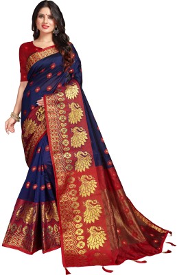 Darshita International Woven Kanjivaram Silk Blend, Cotton Silk Saree(Blue)