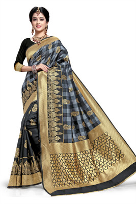 TINA FASHION Checkered Banarasi Jacquard, Art Silk Saree(Black, Grey)