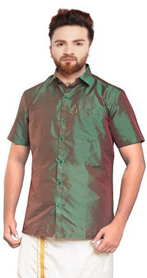 SJSilk Men Solid Formal Green Shirt