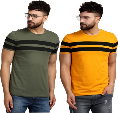 Try This Solid Men Round Neck Green, Yellow T-Shirt