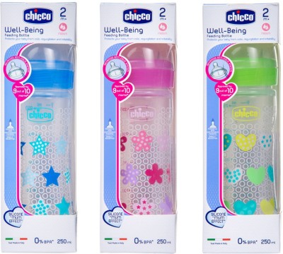 Chicco 250ml Well-Being Feeding Bottle (Pack of 3) - 250 ml(Green, Blue, Pink)