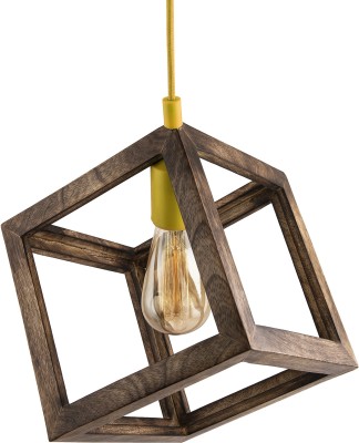 Homesake Modern Antique Wooden Pendant Cube Light, with Yellow Silicon Holder, Restaurant Dining Kitchen Hanging Light with Fixture, LED/Filament Pendants Ceiling Lamp(Brown)