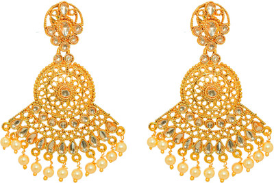 Afreen Gold plated traditional kundan drop earrings with hanging pearls Alloy Drops & Danglers