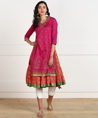 Biba Women Printed Embroidered Flared KurtaPink