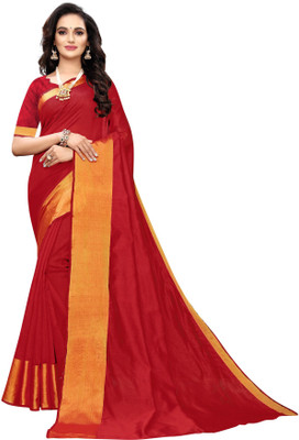 SAARA Solid Banarasi Poly Silk, Cotton Silk Saree(Red)