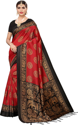 Salooni Printed, Self Design, Animal Print Mysore Silk Blend Saree(Red)