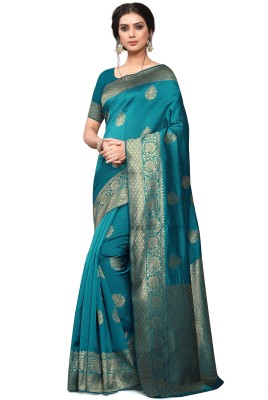 Leeza Store Embellished Banarasi Cotton Blend Saree(Light Green)