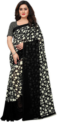 Samah Printed Venkatagiri Georgette Saree(White, Black)