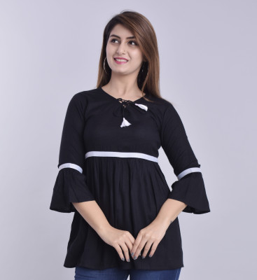 BOSQUE Casual Bell Sleeve Solid, Color Block Women Black Top
