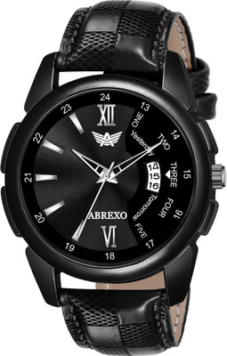 Abrexo Abx8089-BK Black Dial Black Leather Strap Date Feature Water-Resistant Quartz Boys Analog Watch - For Men