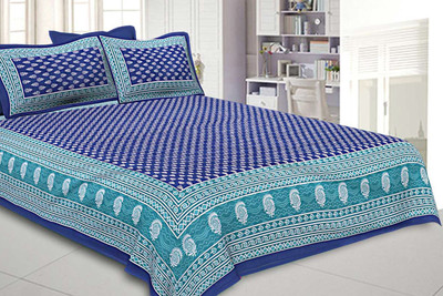 Rajasthani Jaipuri Traditional Print Cotton Double, King Flat 144 TC Jaipuri Prints Bedsheet(Pack of 1, Blue)