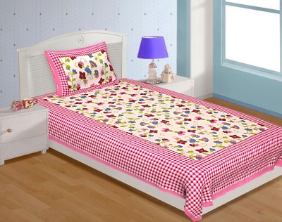 UNIBLISS 144 TC Cotton Single Printed Flat Bedsheet(Pack of 1, Pink)