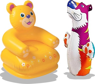 TOYLAND Combo Happy Animal Teddy Sofa/ Chair (Yellow) & Tiger Shape 3-D Punching Hit Me Bag, Multi Color Inflatable Sofa/ Chair(Multicolor)