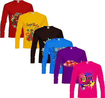 CUTE TREND Girls Printed Pure Cotton Regular T Shirt(Multicolor, Pack of 6)