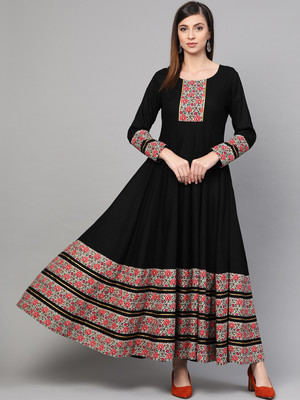 Idalia Women Printed Anarkali Kurta(Black)