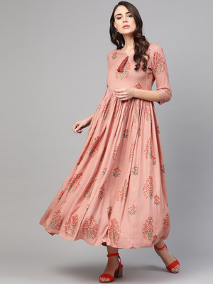 Idalia Women Printed A-line Kurta(Gold)