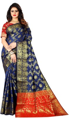 AVIYOM Embellished, Animal Print Kanjivaram Silk Blend, Art Silk Saree(Dark Blue)