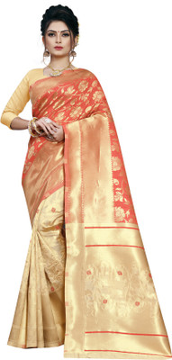 VJP Enterprise Woven Banarasi Silk Blend Saree(Red, White)