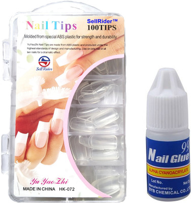 SellRider Imported Best Quality Artificial Transparent Finger Empress Curve 100 Tips Fake Nails with Glue white(Pack of 100)