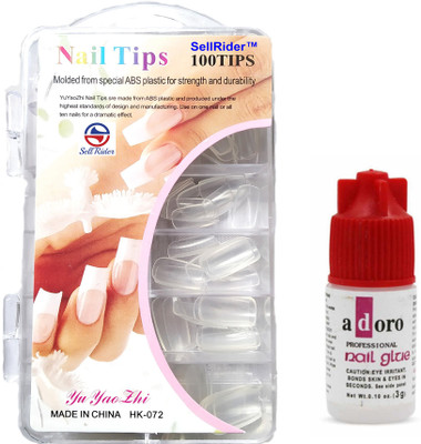 SellRider Imported Best Quality Acrylics Professional Shinning Transparent 100 Tips Artificial / Fake Nails with Glue Transparent Nails Transparent(Pack of 100)