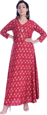 Fabriko Women Block Print Flared Kurta(Red)