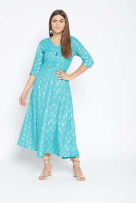 Fabriko Women Block Print Flared Kurta(Light Green)