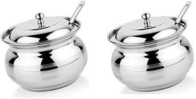 Glossy Stainless Steel Oil Pot/Ghee Pot/Gheedani with Spoon (Set of 2) 200ml Each Pot 10 cm diameter 0.2 L capacity with Lid(Stainless Steel)