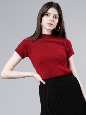 Tokyo Talkies Solid High Neck Casual Women Red Sweater