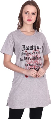 Ddaspration Printed Women Round Neck Grey T-Shirt