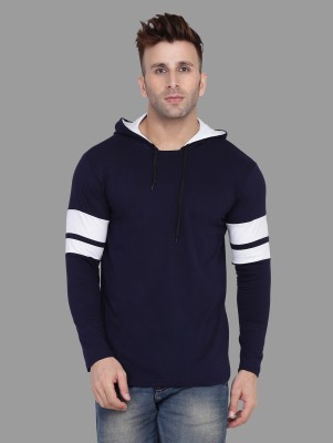 BEYOU FASHION Solid Men Hooded Neck Dark Blue, White T-Shirt