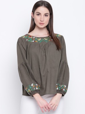 MAYRA Party Full Sleeve Embroidered Women Light Green Top