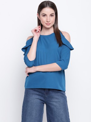 MAYRA Party 3/4 Sleeve Solid Women Blue Top