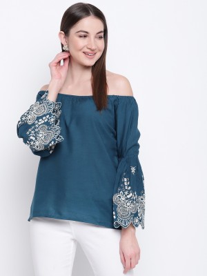 MAYRA Party Bell Sleeve Embroidered Women Light Blue Top