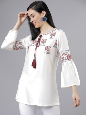 Vishudh Casual Bell Sleeve Embroidered Women White Top